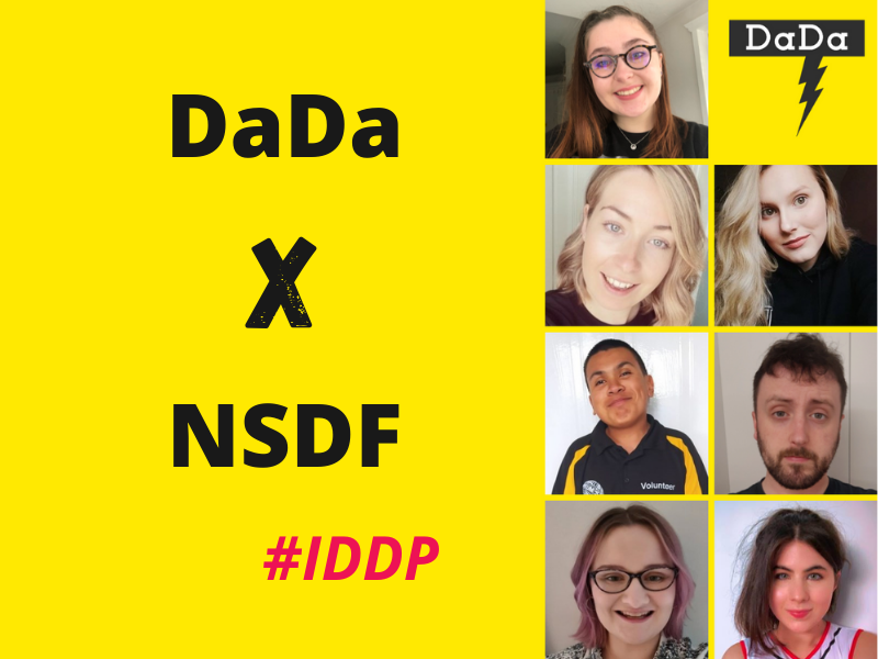 Headshots of young people alongside text reading 'DaDa x NSDF #IDDP' against a yellow background